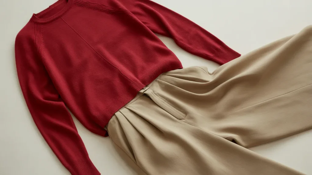 red sweater with beige wide-leg