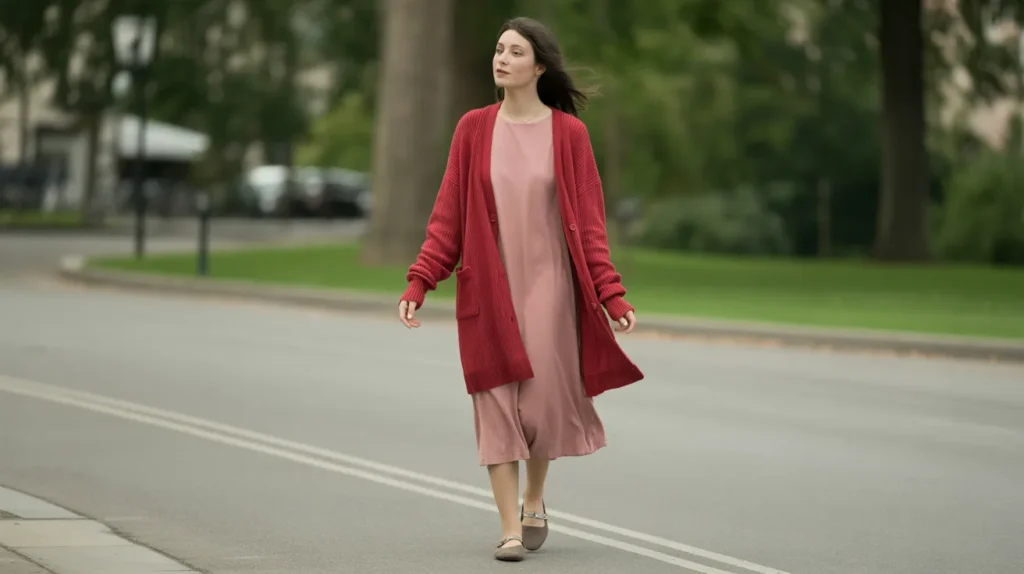 Red cardigan outfit