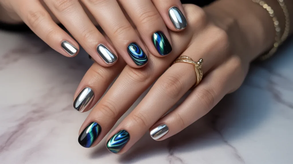 Chrome and cat eye nails