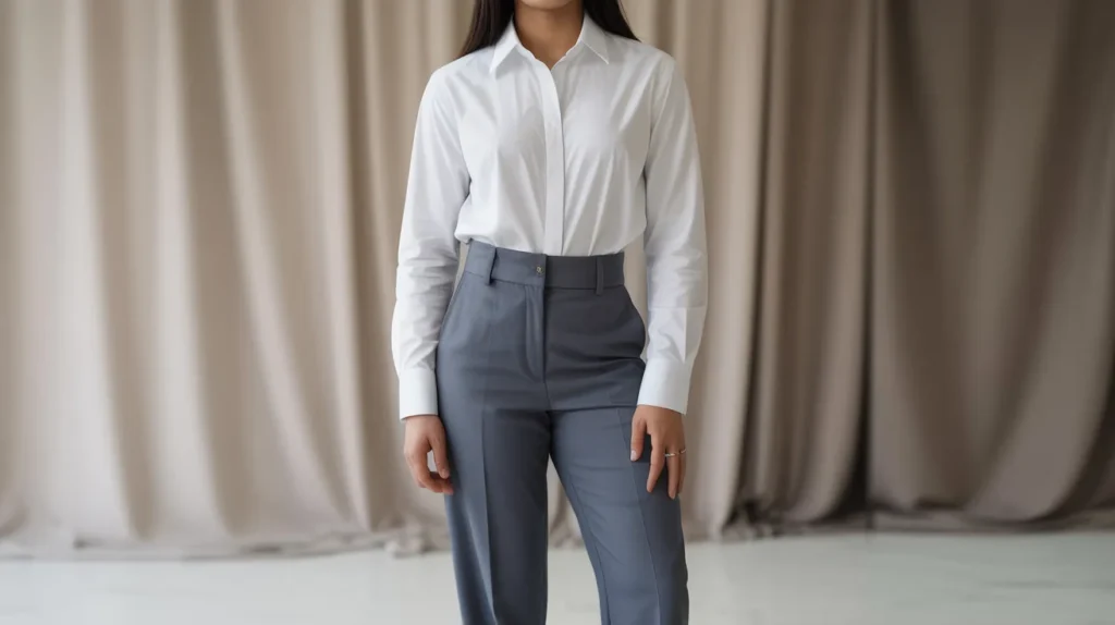 white shirt with high-waist trousers