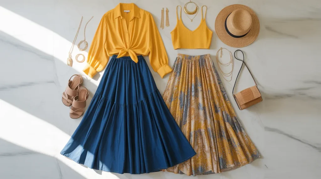 yellow top with a maxi skirt