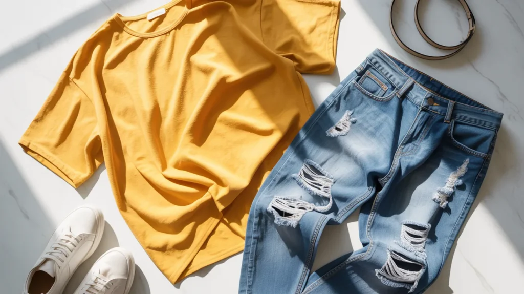 yellow top with ripped jeans