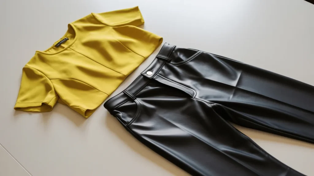 yellow top with leather pants