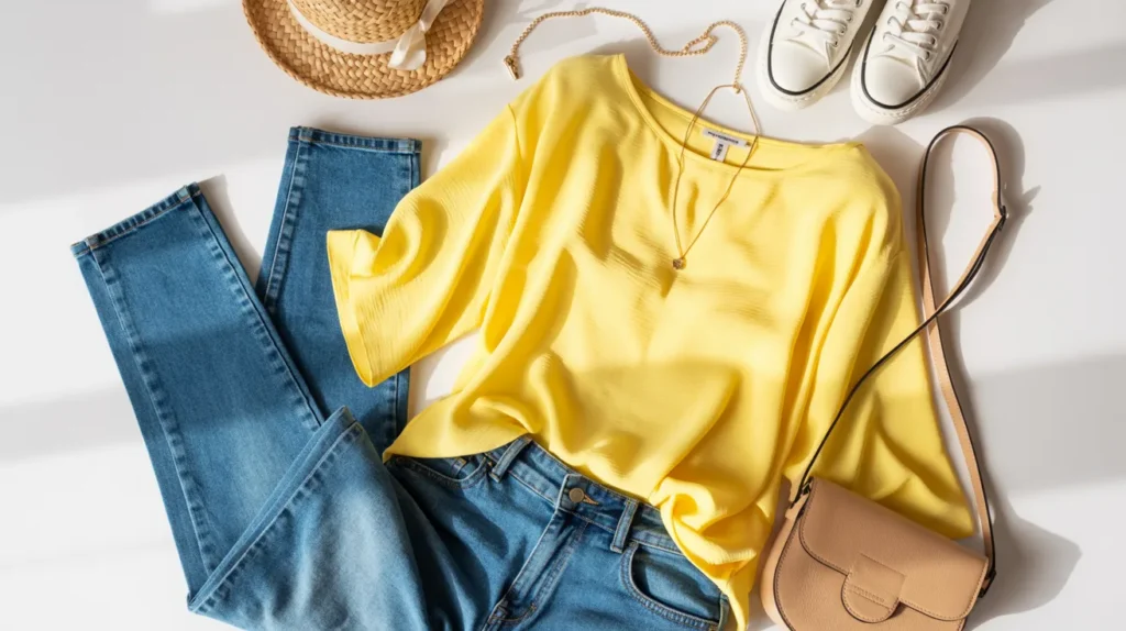 yellow top with blue jeans