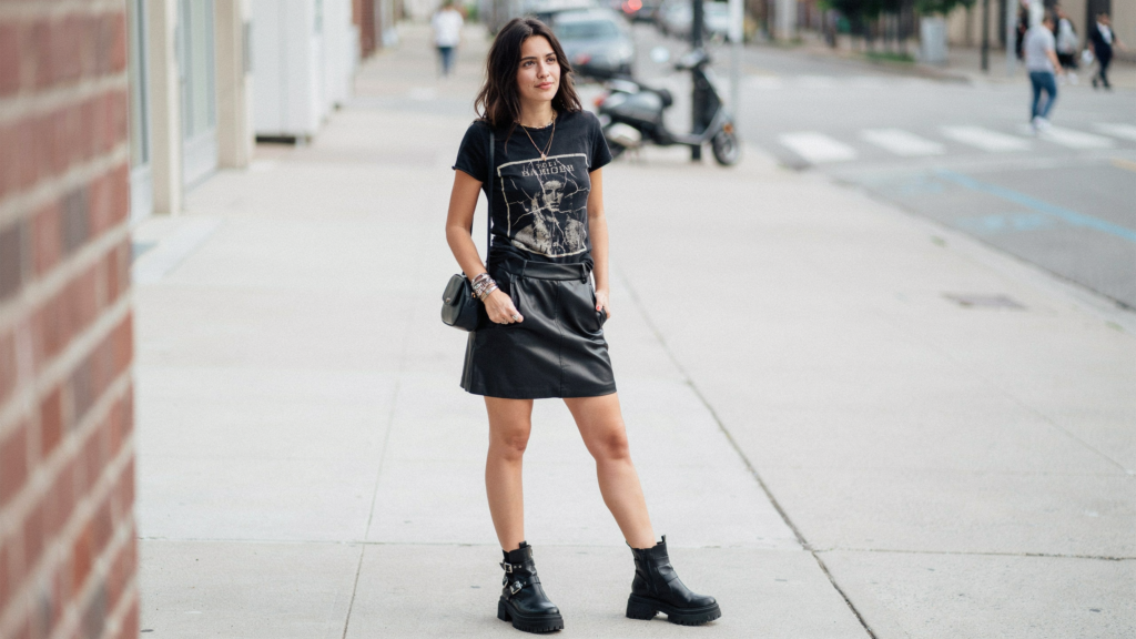 graphic tee and leather skirt