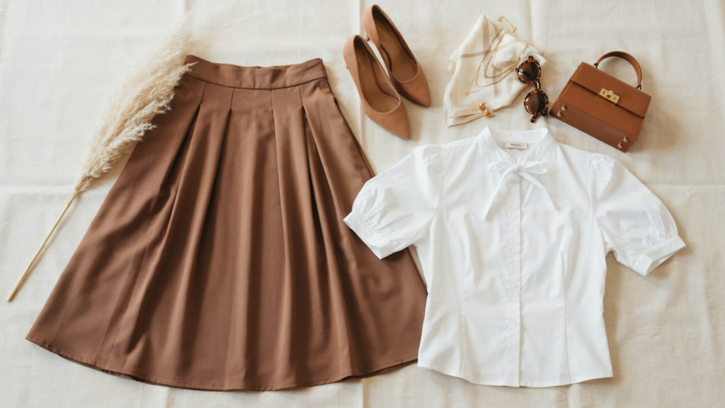 brown skirt with a white top 
